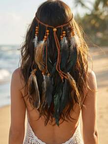 1pc Bohemian Style Long Feather Hair Chain, Women's Beach, Party, Music Festival Wear Hair Accessory Jewelry Feather Headband - 127 - View 6