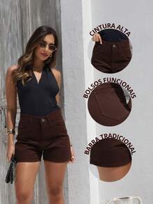 Women's Long Denim Shorts, 100% Cotton, Elegant, High-Waisted, Summer Style - 深棕色 - 查看 6