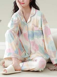 女士两件套开衫睡衣套装，长袖上衣和长裤，柔软舒适，适合春秋季穿着。 - 彩色 - 查看 4