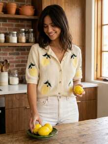 Women's Knit Crew Neck Short Sleeve Cardigan, Decorated With Buttons And Cute Lemon Embroidery, Fashionable Casual, Minimalist Versatile, Suitable For Spring/Summer Daily Commute - Yellow - View 3