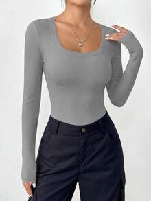 PRETTYGARDEN Women Spring And Fall Long Sleeve Shirts Clothes Cute Going Out Tops Ribbed Tight Fitted Plain Basic Tee Tshirts Vacation Outfits For Women - 灰色 - 查看 5