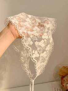 1pc Women Lace Headband, Floral Chiffon Headscarf, Anti-Slip Mesh Flower Headwrap - White - View 3