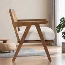 Silla de acento moderno con respaldo de ratán y cojín de lino grueso, cómodas sillas de salón con piernas de madera resistentes, sillón para dormitorio Apartamento balcón - Lino beige - Ver 5