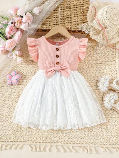 فستان صيفي للبنات الرضع بأكمام قصيرة مزين بفيونكة وشبكي، أنيق وعصري