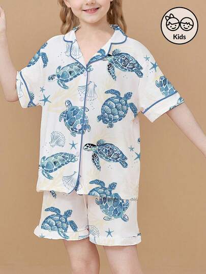 两件套少女睡衣套装，夏季新款短袖休闲开衫，可机洗蓝色海龟印花，男女通用家居睡衣套装，适合幼儿及大龄少女