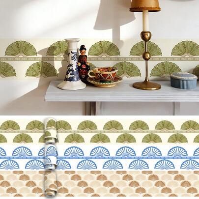 1卷/12厘米*5米厚自粘可移除壁纸，防水乙烯基材质，撕开即贴，扇形贝壳纹理图案，可用作装饰防溅板、自粘踢脚线、自粘墙腰线、地板和墙面保护条、电视背景墙边框贴纸、壁纸边框装饰