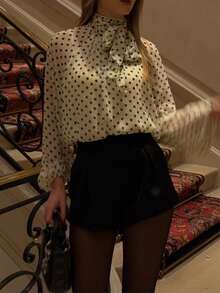 Camisa casual y holgada con lunares y decoración de lazo para mujer DEEKA, estilo europeo y americano, primavera/verano - Beis - Ver 2