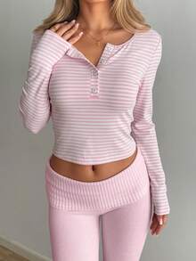 Mystra 米白色条纹撞色休闲圆领长袖上衣，百搭叠穿单品，适合女性 - 淺粉色 - 查看 2