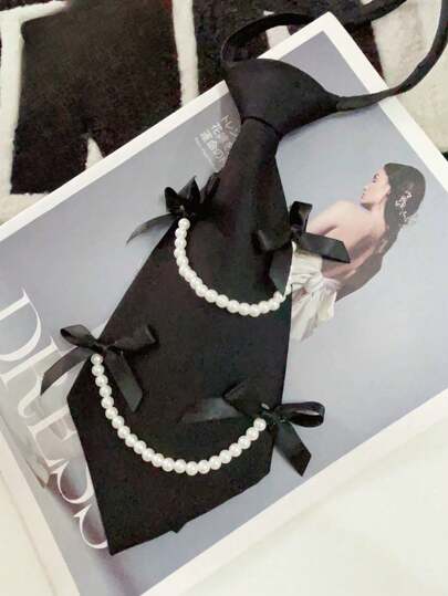 1pc Pearl Bow Tie, Detachable & Adjustable Faux Pearl Tie For Women, Suitable For Party, Outing, Shirt, Holiday Outfit