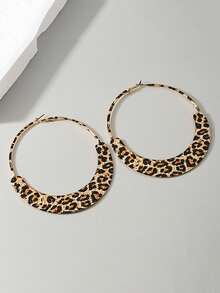 1 par de pendientes de aro colgantes redondos de metal con estampado de leopardo al estilo europeo y americano, adecuados para uso diario, citas, fiestas, con patrón de estampado de leopardo aleatorio - Multicolor - Ver 3