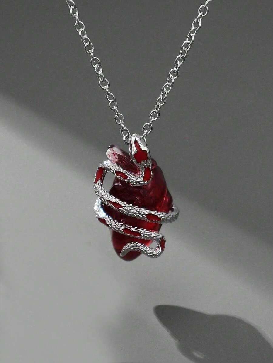 欧美风格蛇形缠绕心形吊坠项链，独特夸张设计的蛇形盘绕心形项链，女士款 - 紅色 - 查看 1