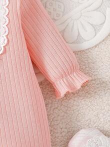 Newborn Baby Girl Knitted Pink Ribbed Cute Ruffle Collar Lace Patchwork Double Bow Snap Button Long Sleeve Jumpsuit With Headband (Suitable For 1st Birthday Gift And Daily Wear) - Pink - View 6