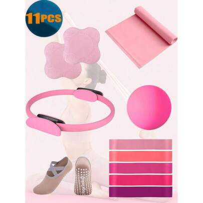 1 Set (11pcs) Yoga And Pilates Exercise Kit - Home Fitness Equipment For Women, Includes Resistance Bands, Mini Pilates Ball, Yoga Socks, Stretching Strap, Yoga Knee Pad, Adjustable Yoga Ring, Suitable For Leg, Arm, Thigh And Core Training At Home, Yoga Studio, Gym