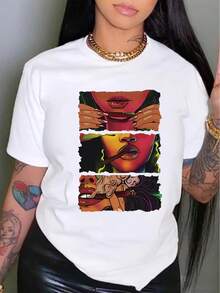 Summer Tops With A Cool Cartoon Girl Print + Short Sleeves + Round Neck Cotton T-Shirt. - White - View 1