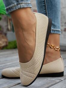 圆头女士平底鞋，针织休闲鞋，夏季透气芭蕾舞鞋，妈妈款套脚乐福鞋，百搭平底鞋，颜色包括黑色、白色、橄榄绿、米色、天蓝色、浅蓝色、卡其色、浅棕色、藏青色、黄色，适合春秋季穿着，大码可选，网面休闲运动鞋，步行鞋，纯色套脚鞋 - 915米色 - 查看 4