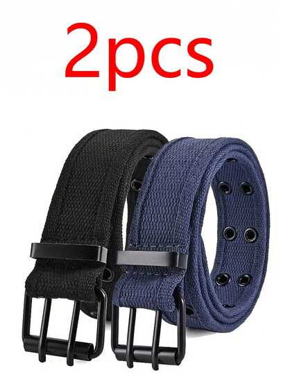 2条装帆布腰带，配全孔方形扣 - 工装风格，适合搭配牛仔裤和休闲装，结实耐用的铁质扣环，可调节尺寸，休闲配饰|运动腰带|纹理设计，腰带扣