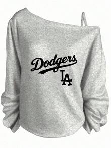 Valentine's Day Outfits For Women, Dodgers Graphic Print, Off-The-Shoulder Sweatshirt, Casual Streetwear, Relaxed Fit-Vacation Outfits Women, Beachwear, Resort Wear, Summer Tops - 灰色 - 查看 7
