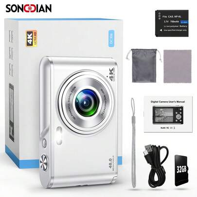  SONGDIAN 4K Digital Camera, 48MP Vlog Camera For Live Streaming, Dual Front & Rear Cameras, Dual Lens Selfie, 16X Digital Zoom, Stabilization, 2.8" Screen, 13MP CMOS Sensor, Includes 1 Battery & 32G SD Card, Compact Portable Travel Vlog Camera, Great Gift For Beginners