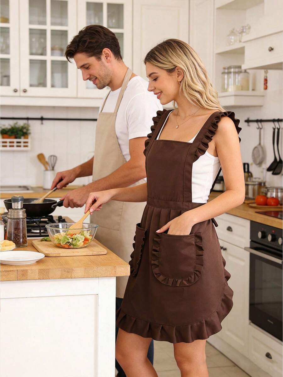 Delantales de pareja de lino premium, diseño con volantes elegante para el hogar y fiestas, regalo ideal para recién casados, cocineros del hogar, color café