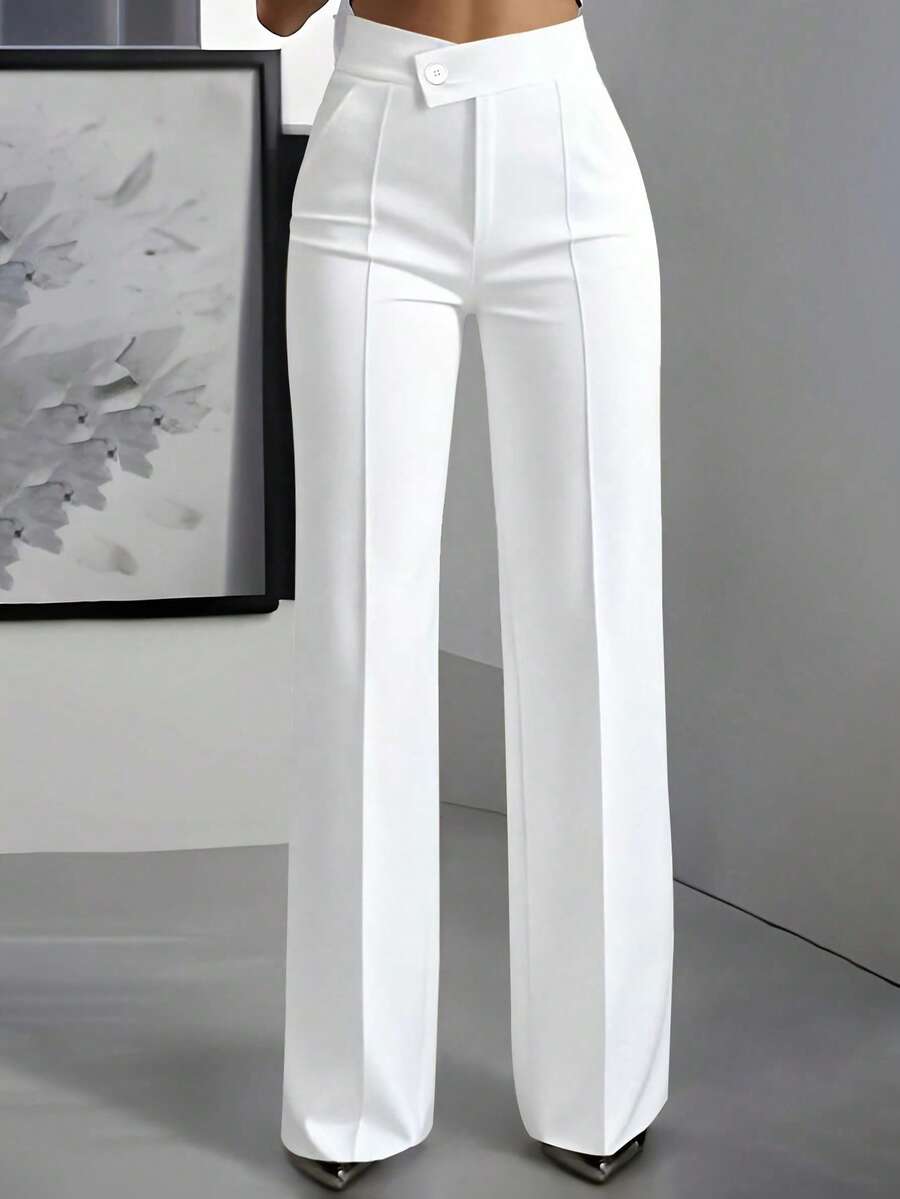 Women's Minimalist Solid Color High Waist Straight Leg Casual Long Coat, Suitable For Business, Party Or Commuting White Spring - White - View 1