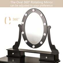 Tocador moderno con espejo ovalado y taburete, tocador de madera con 3 modos de iluminación y 5 cajones, ideal para niños, niñas y mujeres, color negro. - Negro - Ver 4