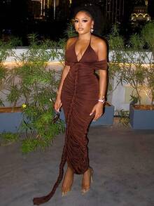 Elegant And Fashionable Dress For Women, Long Dress With A V-Neck And A Wrap-Around Bodice, Fitted Halter-Neck Dress - 深棕色 - 查看 5