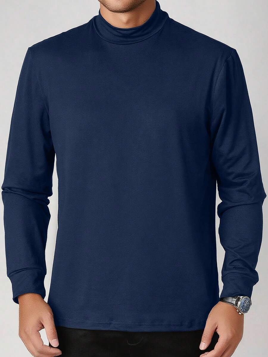 男士时尚百搭纯色修身高领长袖T恤，适合春秋季日常通勤 - 藏蓝色 - 查看 1