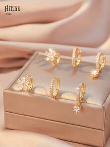 Hihho 6pcs Set Elegant Zirconia Stud Earrings, Classic Retro Design Luxury Minimalist Earring Set, Suitable For Daily Stacking Or Single Wear, Best Gift For Friends - Gold - View 5