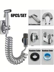 Handheld Toilet Companion Set, Wall-Mounted 1-In-2-Out Angle Valve Kit With Stainless Steel Spray Gun, Retractable Hose And Bracket - Square - View 10