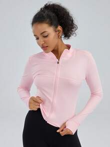 女士立领修身拉链瑜伽运动外套，长袖带拇指孔训练上衣，适合跑步、健身、瑜伽、户外运动、健身房等场合，款式多样，包括女士运动服、修身外套等。 - 粉色 - 查看 4