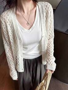 Casual Hollow Out Long Sleeve Cardigan, Spring/Summer - Apricot - View 3