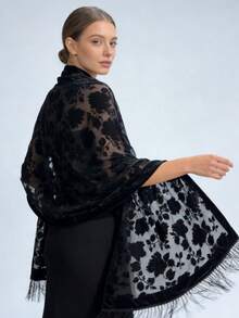 1pc Black Elegant Velvet Fashion Versatile Unique Charming Long Tassel Shawl Scarf, Suitable For Evening Party - Black - View 10