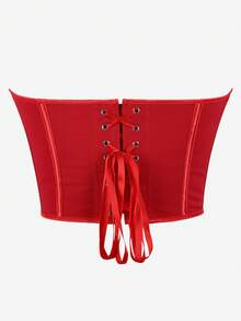 心形束身胸衣，低胸深V无肩带露脐胸衣，后背系带，收腰塑身衣 - 紅色 - 查看 3