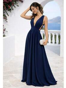 Cheap Bridesmaid Dress For Party Guests, Reception, Graduation, Without Shine, Open On The Side - Azul Marino - Ver 2