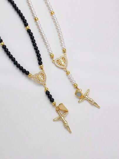 1pc Catholic Religious Both Car Rosary And Bracelet | Imitaion Pearl Beads Bracelet With Cross Charm & Heart-Shaped Magnet | Pendant Ideal For Couple Anniversary, Birthday, , Valentine's Day Gift