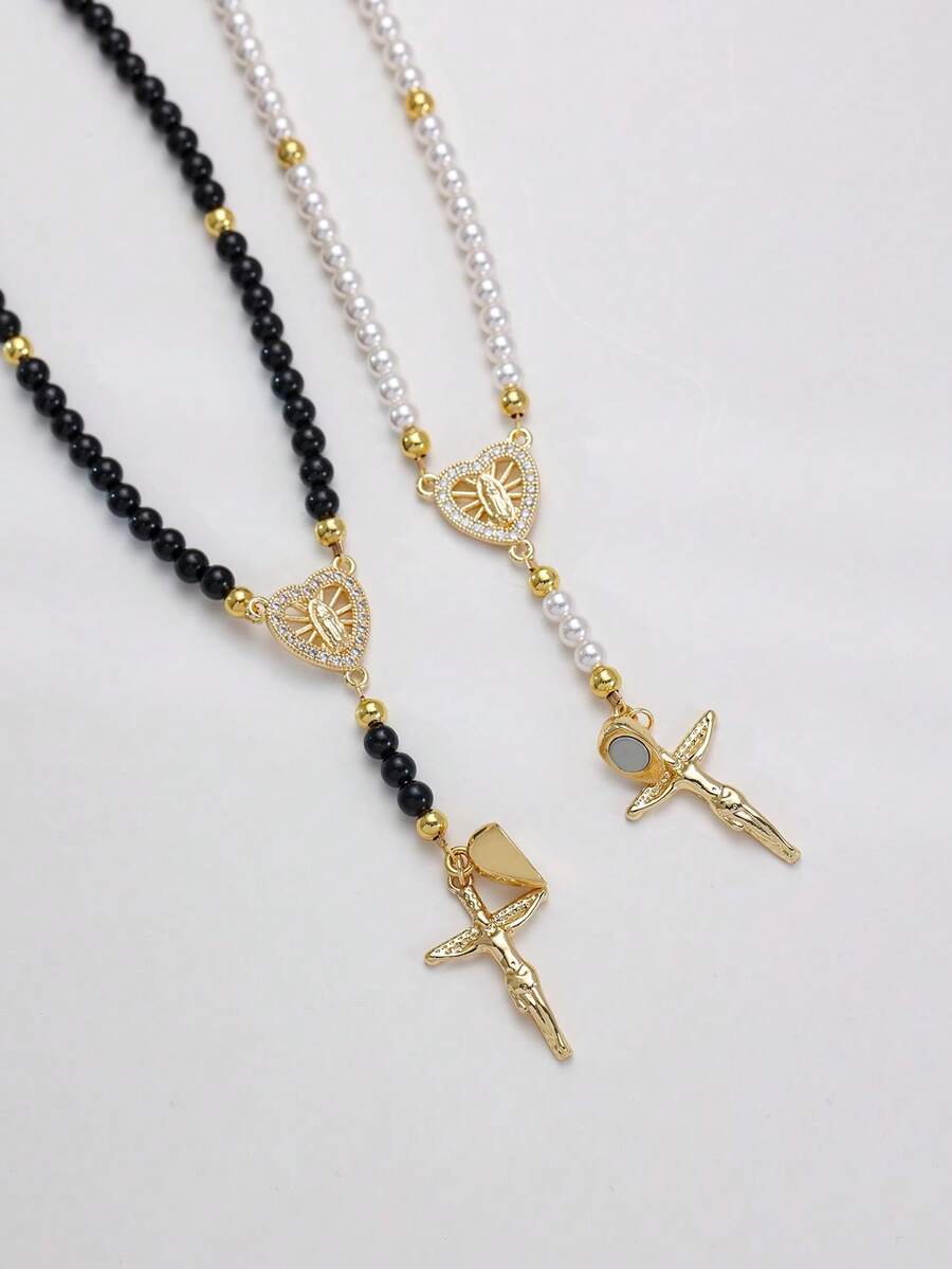 1件天主教宗教手链，既是念珠又是手链 | 仿珍珠珠手链，配十字架吊坠和心形磁铁 | 吊坠非常适合情侣周年纪念日、生日、情人节等场合作为礼物 - 聖裘德手鍊 - 查看 1