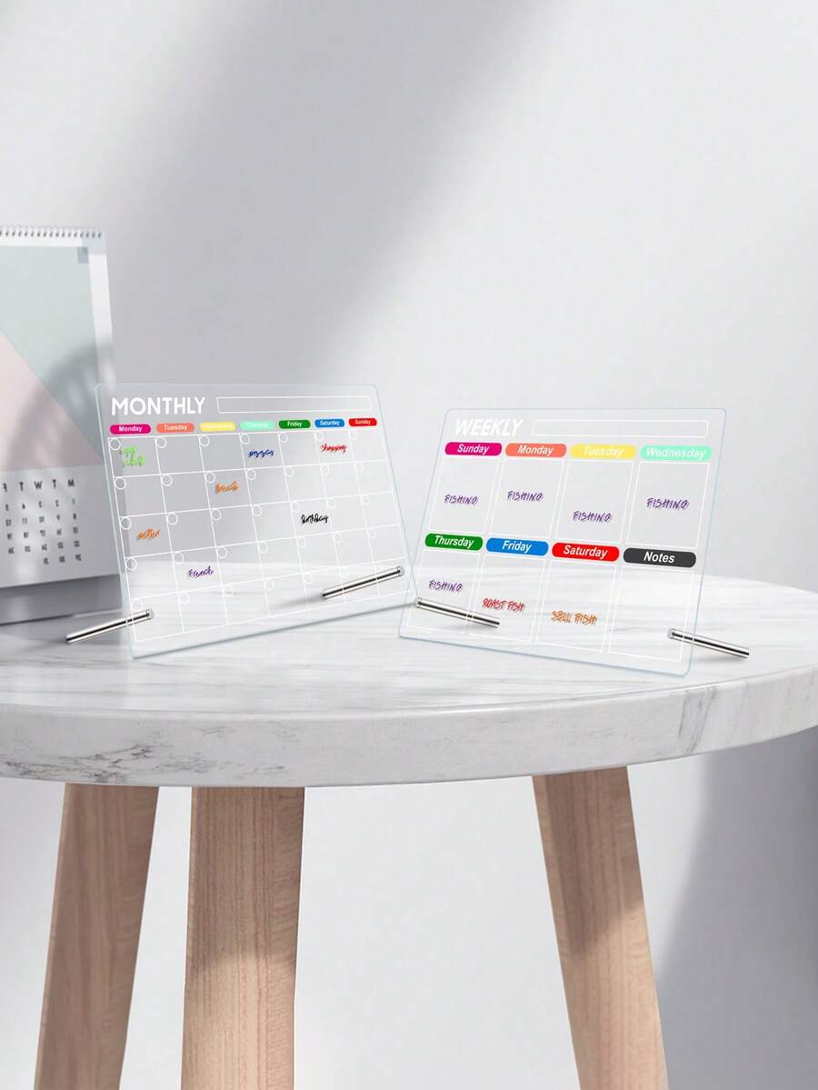 1 pieza Pizarra de planificador semanal y mensual de escritorio colorida (6 marcadores de pizarra blanca), calendario de pizarra seca de escritorio para notas y escritura - Planificador de escritorio - Ver 1