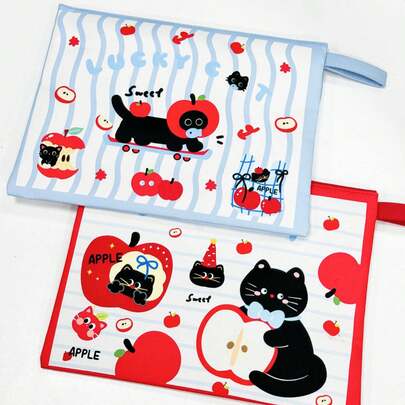 1 قطعة حقيبة وثائق يدوية كبيرة السعة متعددة الوظائف بتصميم قطة تفاحة جميلة، منظم محمول للملفات