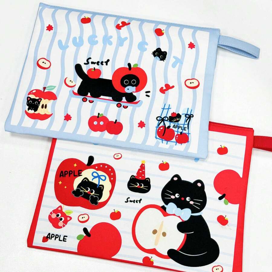 1pc New Cute Apple Cat Design Multi-Functional Large Capacity Handheld Document Bag, Portable File Organizer - Apple Cat File Folder - View 1