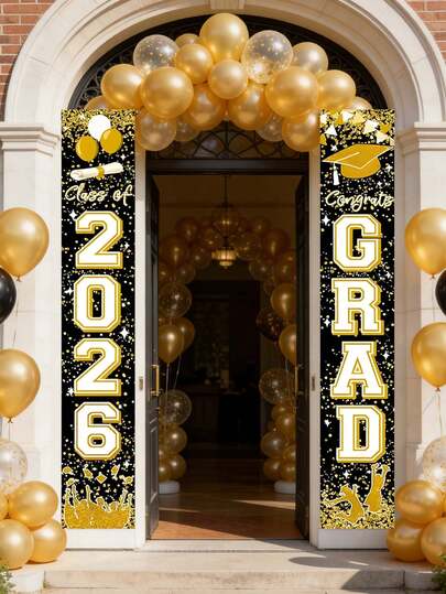 2件装2026毕业季门牌横幅，祝贺毕业生门牌，30*180厘米涤纶黑金配色悬挂装饰，适用于门廊、室内/室外墙面，2026年高中/大学毕业派对用品