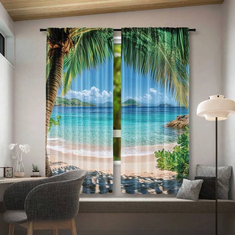 2 tấm rèm cửa họa tiết bãi biển nhiệt đới, chất liệu polyester 120g, kiểu may túi luồn thanh treo, in chuyển nhiệt họa tiết mùa xuân, bán trong suốt, theo mùa, rèm trang trí cho phòng khách, phòng ngủ, kiểu xếp ly trên, có thể giặt máy. - Nhiều màu - Xem 1