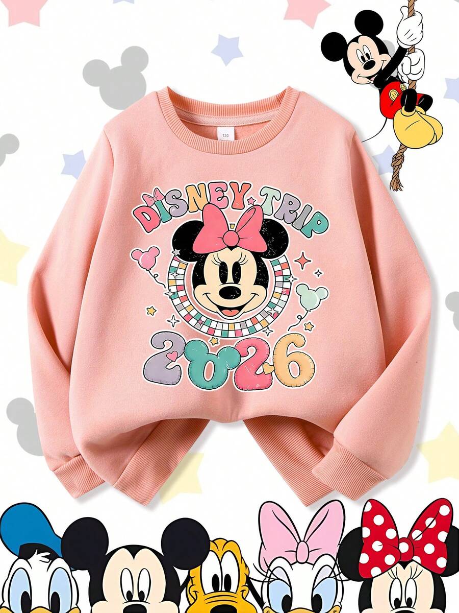 Minnie Mouse Disney Trip 2026 Retro Colorful Geometric Badge Kids Comfortable Print Young Girls' Long Sleeve Sweatshirt, Suitable For Autumn/Winter, Lightweight And Cozy, Great For Layering In Fall, Fashionable Casual Wear, Graphic Design, Back To School Season, Autumn, Back To School Party, Suitable For Outdoor Picnic, Street Photography, Home, Campus, Holidays, New Year Gift - Hồng - Xem 1