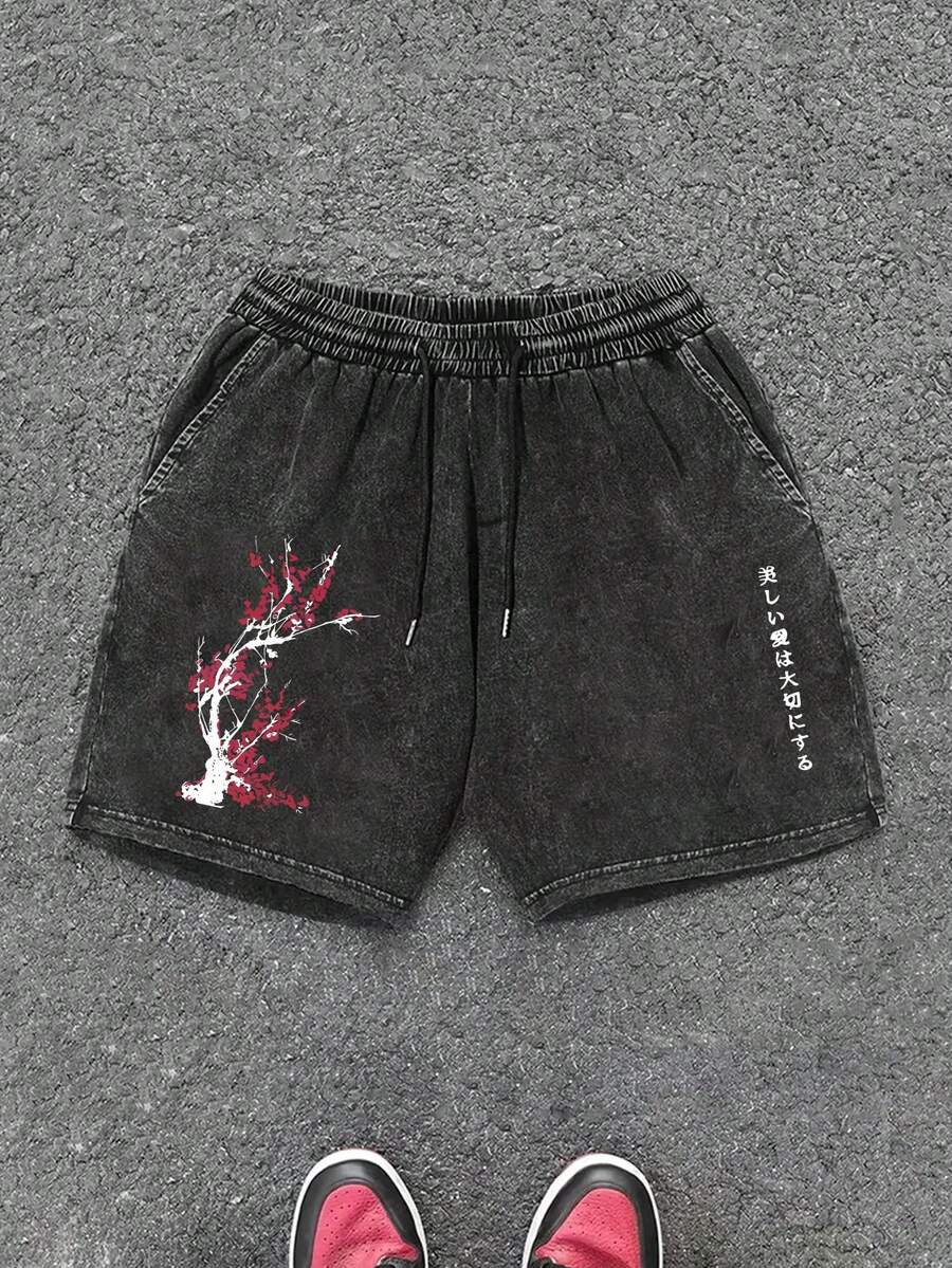 Plus Size Men's Casual Shorts, Japanese "Cherry Blossom" Print, Round Neck Washed Relaxed Shorts, Everyday Wear - Black - View 1