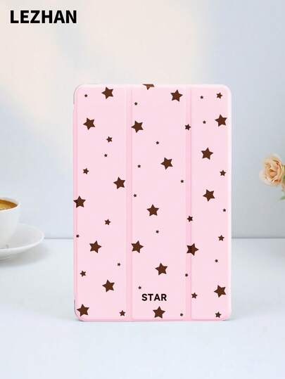粉色背景，棕色星形图案设计平板电脑保护套，带笔槽，防摔，三折式支架保护壳，兼容10.2英寸、11英寸（2021/2020/第十代）、（A16）11英寸（第十一代/2025）、第八/第九/第十代、Galaxy Tab A8 10.5英寸（2022）、Matepad 10.4英寸/Tab，浪漫情人节礼物