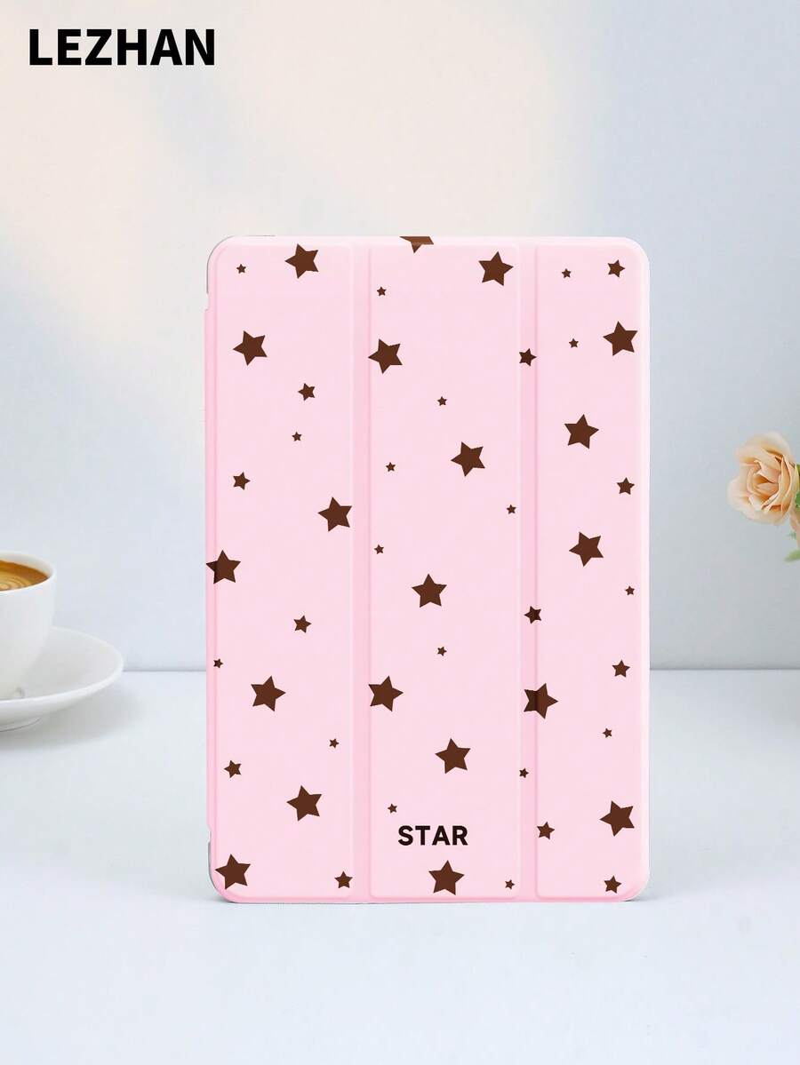 粉色背景，棕色星形图案设计平板电脑保护套，带笔槽，防摔，三折式支架保护壳，兼容10.2英寸、11英寸（2021/2020/第十代）、（A16）11英寸（第十一代/2025）、第八/第九/第十代、Galaxy Tab A8 10.5英寸（2022）、Matepad 10.4英寸/Tab，浪漫情人节礼物 - 彩色 - 查看 1