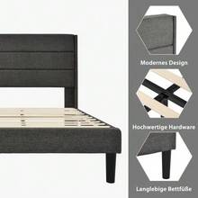 Upholstered Bed 90 X 200 Cm, Bed Frame With Slatted Base And Headboard, Upholstered Double Bed, Linen Fabric Cover In Grey, Timeless Modern Design, Youth Bed - Dark Gray - View 3