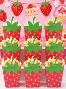 10个草莓造型纸质爆米花盒，爆米花杯，草莓主题生日派对一次性食品容器，薯条盒，零食盒，一周岁生日派对用品，草莓主题派对装饰，新生儿派对装饰，女孩生日派对装饰，迎婴派对装饰，性别揭晓派对装饰，烘焙包装，礼品盒，桌面装饰 - 異形草莓 - 查看 2