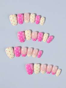 Bộ 24 móng giả ngắn hình bầu dục chấm bi, bao gồm 1 lọ sơn gel và 1 dũa móng, móng giả chấm bi ngắn giúp đầu ngón tay bạn tỏa sáng rực rỡ, phù hợp cho các bữa tiệc, khiêu vũ và sử dụng hàng ngày. - Nhiều màu - Xem 4