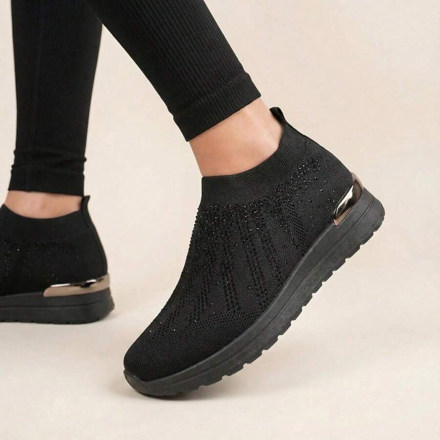 IKRUSH Diamante Knit Slip-On Wedge Trainers I39677 - All Black - View 1