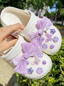 14个紫色蝴蝶结鞋夹，可拆卸装饰，适用于凉鞋、拖鞋、花园鞋、沙滩鞋，DIY配件 - 紫色 - 查看 2